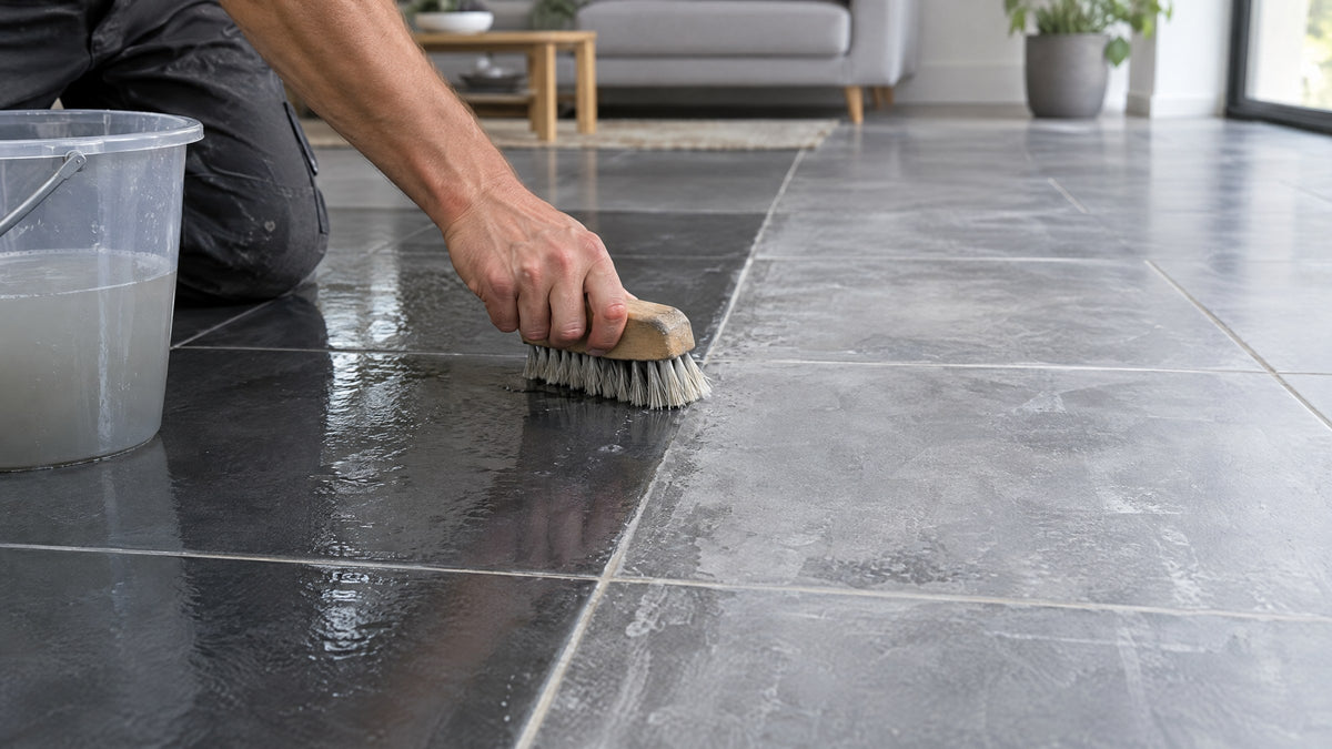 Cementsluier van keramische vloertegels schrobben: links al schoon, rechts nog de grijze waas
