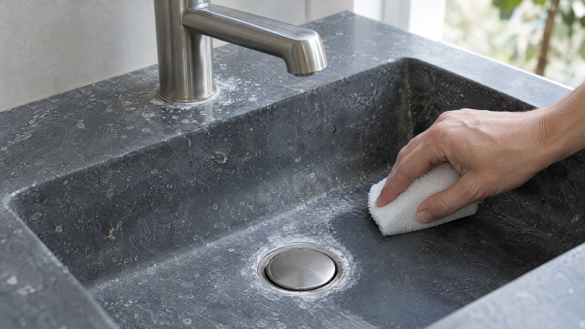 Kalk op natuursteen verwijderen: witte kalkvlekken op een wastafel van Belgisch hardsteen worden weggeschrobd met een witte pad