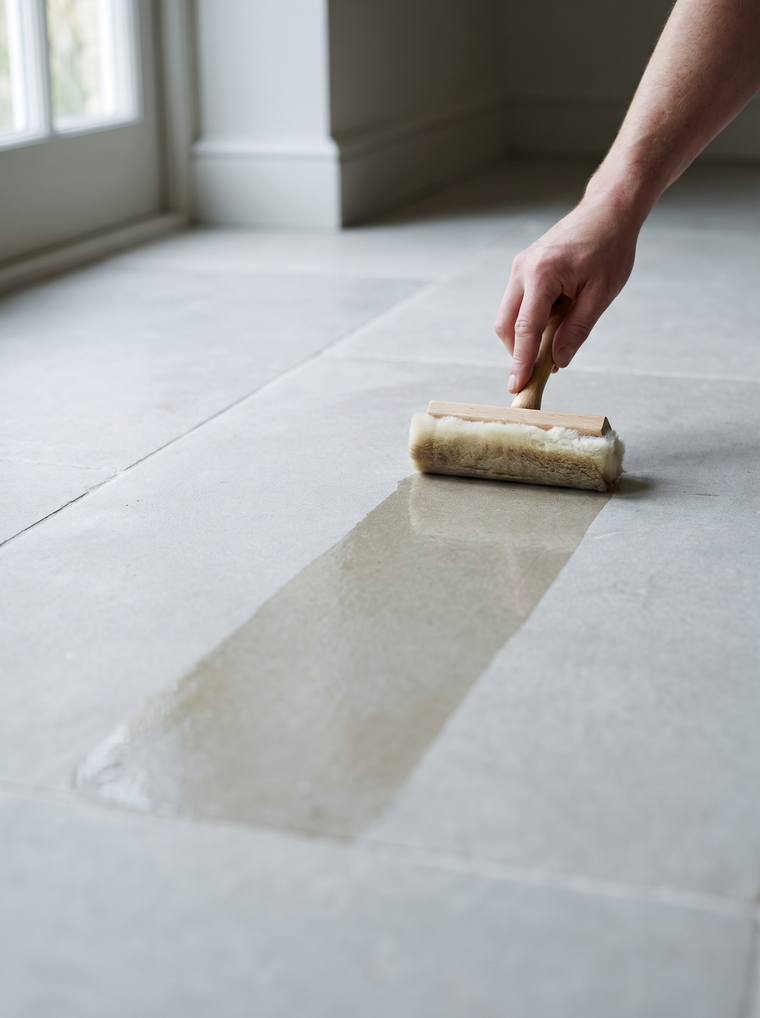 Impregneermiddel wordt met een lamsvelroller in een strook over een matte kalkstenen vloer aangebracht, de behandelde baan is iets donkerder