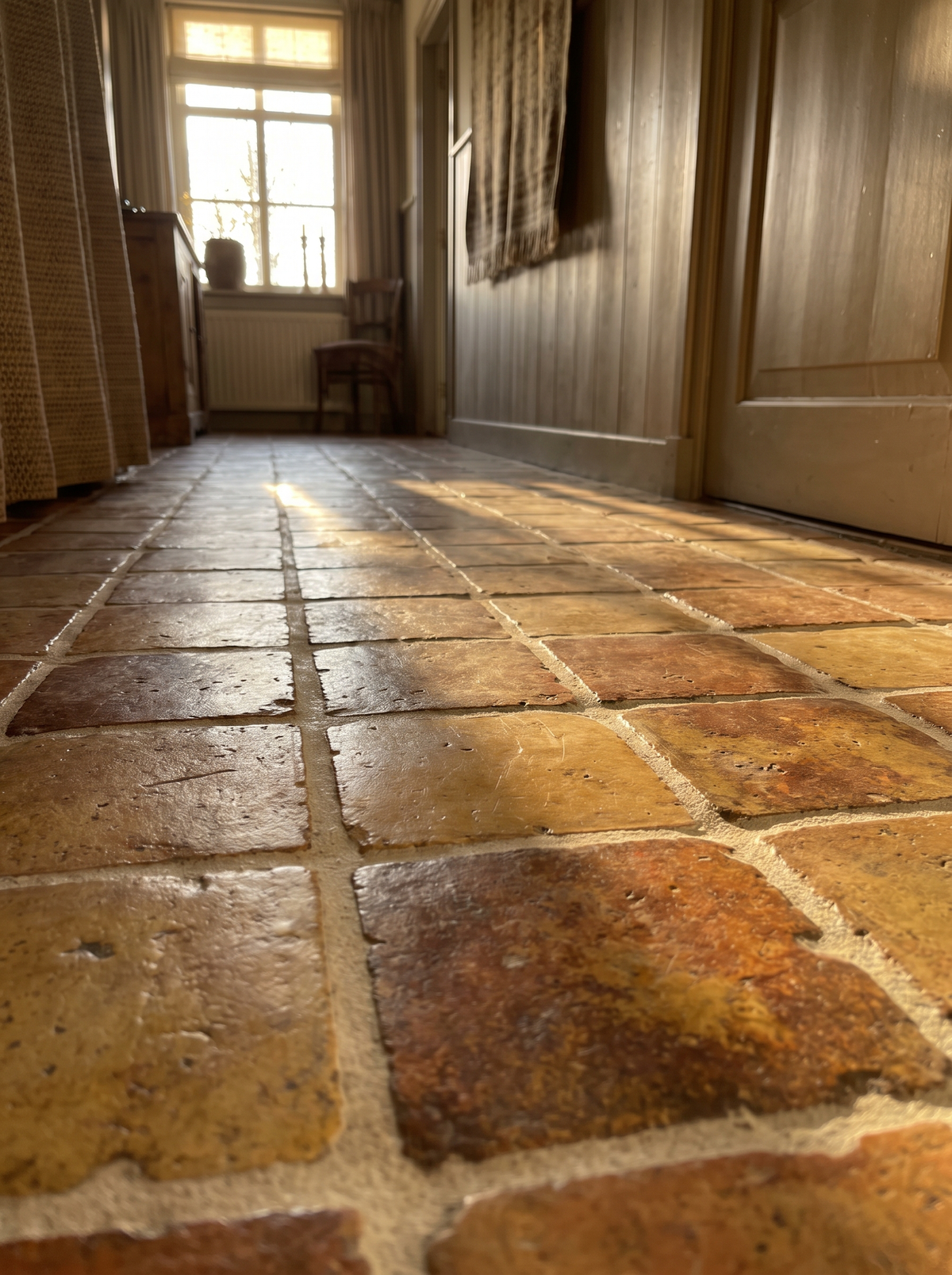 Terracotta plavuizen in een boerderijgang met laagstaande winterzon over de gewaxte vloer