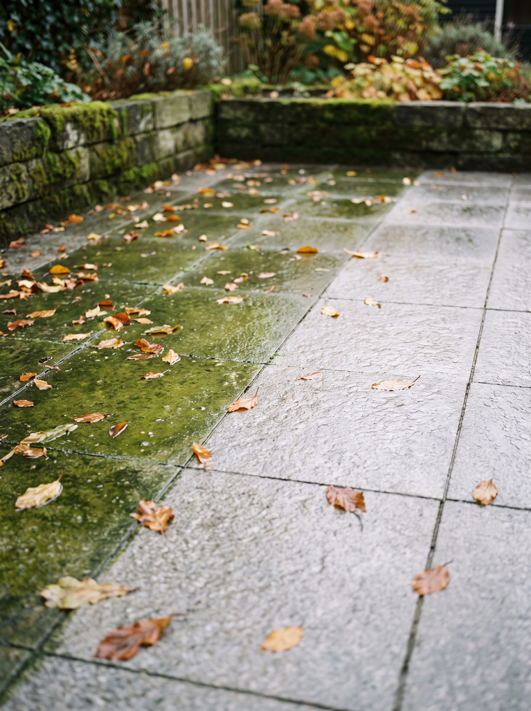 Terras half bedekt met groene aanslag en half schoongemaakt tot op de kale steen, met natte herfstbladeren