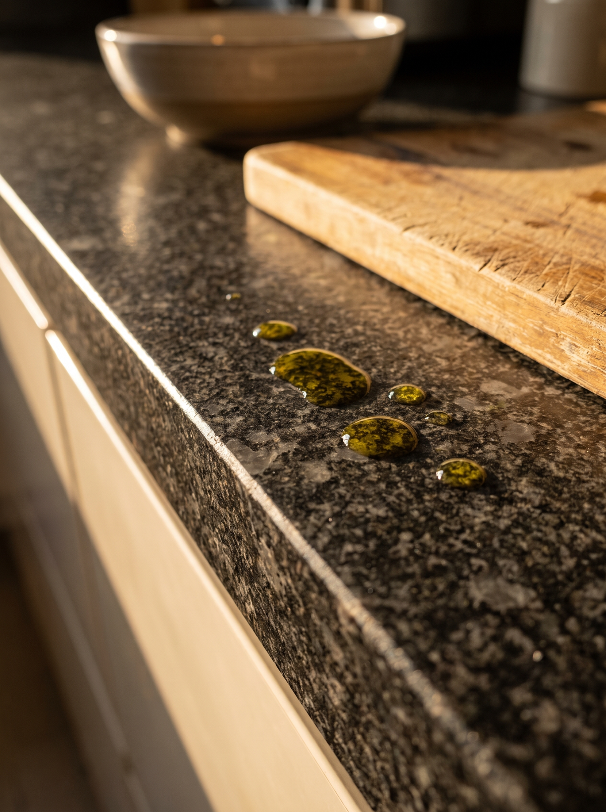 Olievlekjes parelen op een donker gevlamd granieten keukenblad naast een houten snijplank