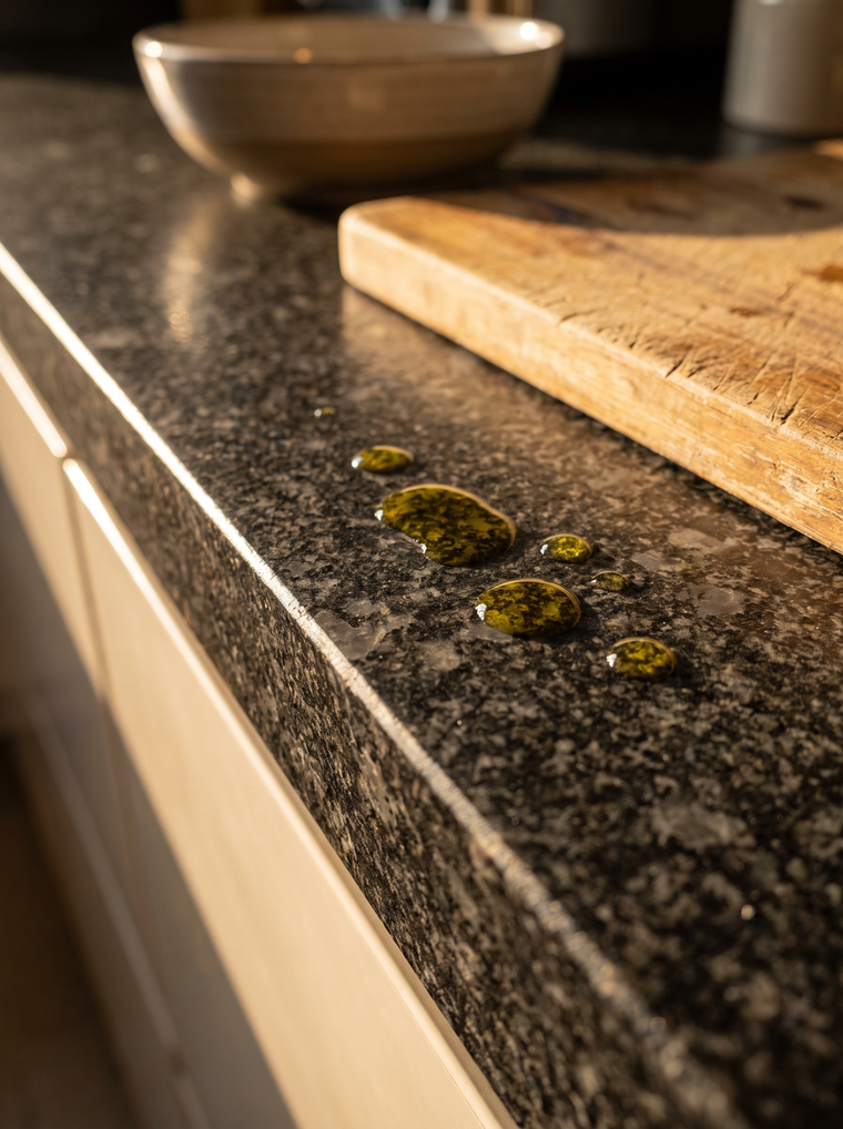 Olievlekjes parelen op een donker gevlamd granieten keukenblad naast een houten snijplank
