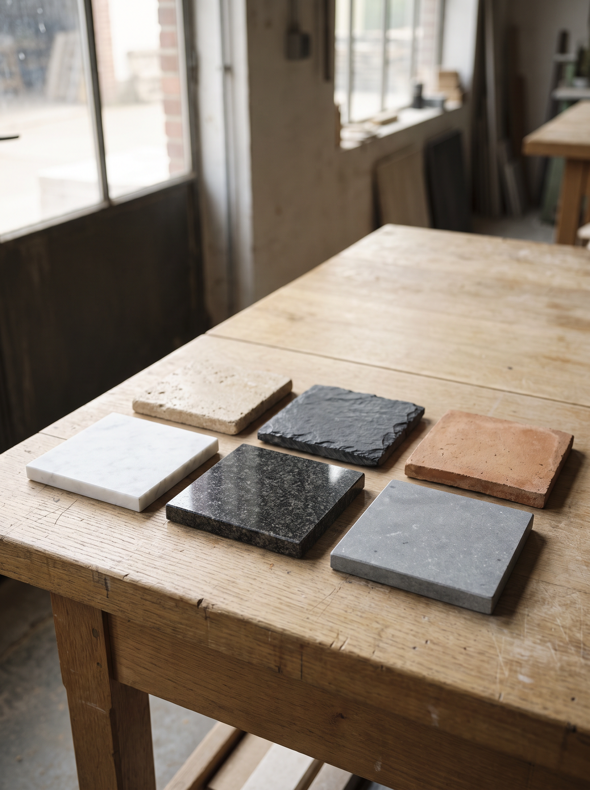 Zes steenmonsters naast elkaar op een werkbank: marmer, graniet, blauwe hardsteen, travertin, leisteen en terracotta
