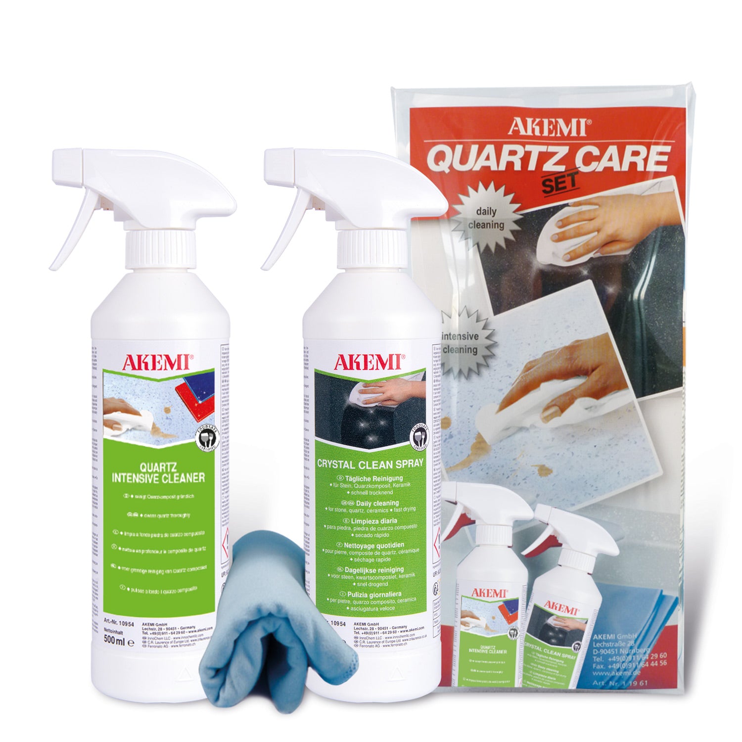 Akemi Onderhoudsset voor composiet met Crystal Clean en Quartz Intensive Cleaner