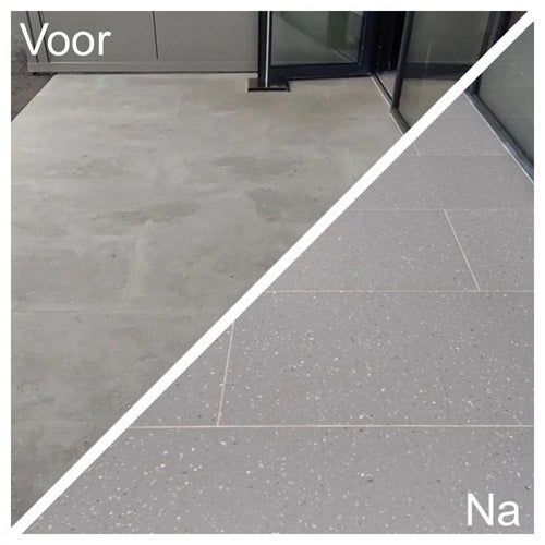 Voor-en-na resultaat Akemi Acid Cleaner: cementsluier en kalkaanslag verwijderd van tegelvloer