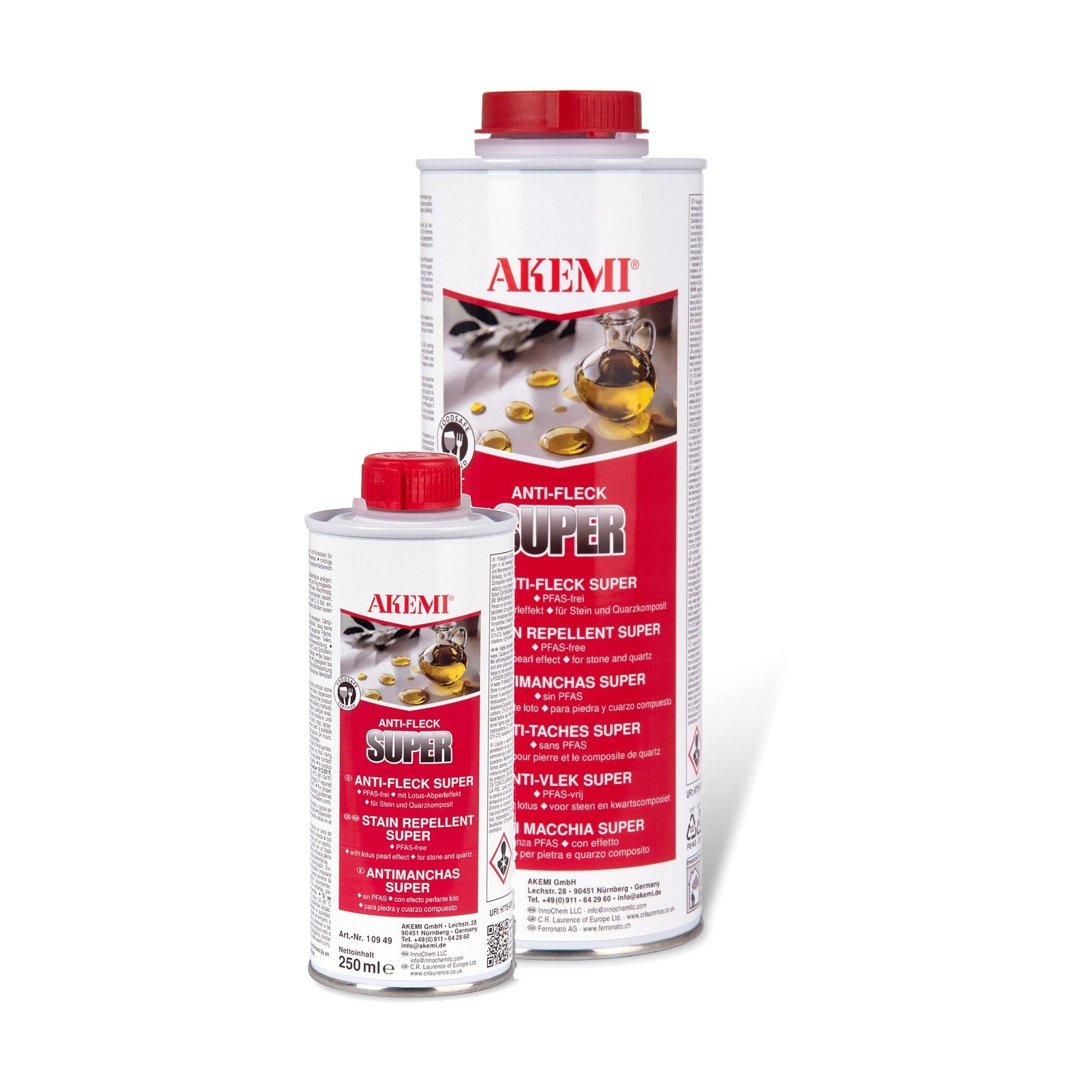 Akemi Anti-Vlek Super impregneer tegen vlekken voor natuursteen, verkrijgbaar in 250 ml en 1 liter