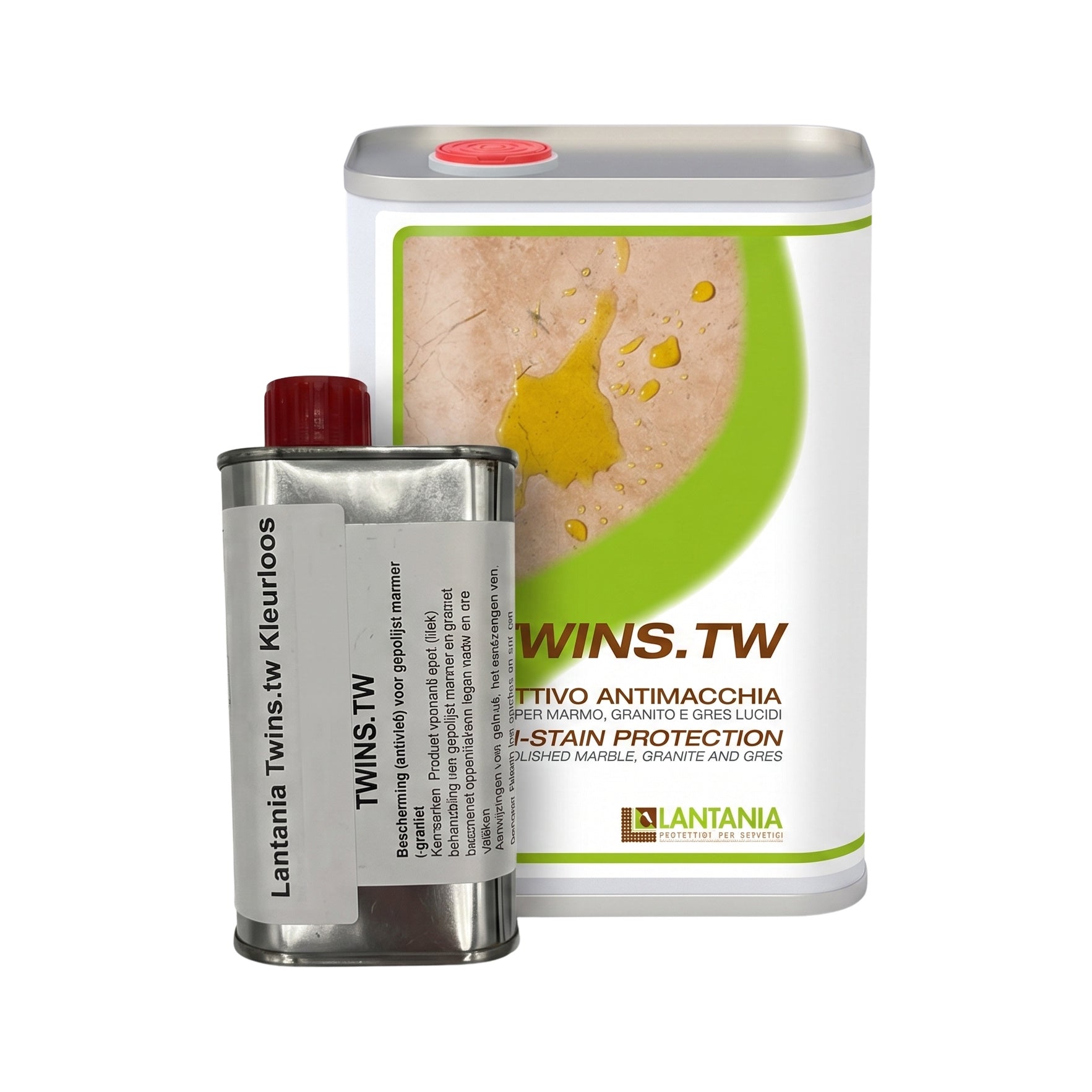Lantania Twins TW kleurloze anti-vlek impregnering voor gepolijst marmer en graniet, verkrijgbaar in 250 ml en 1 liter