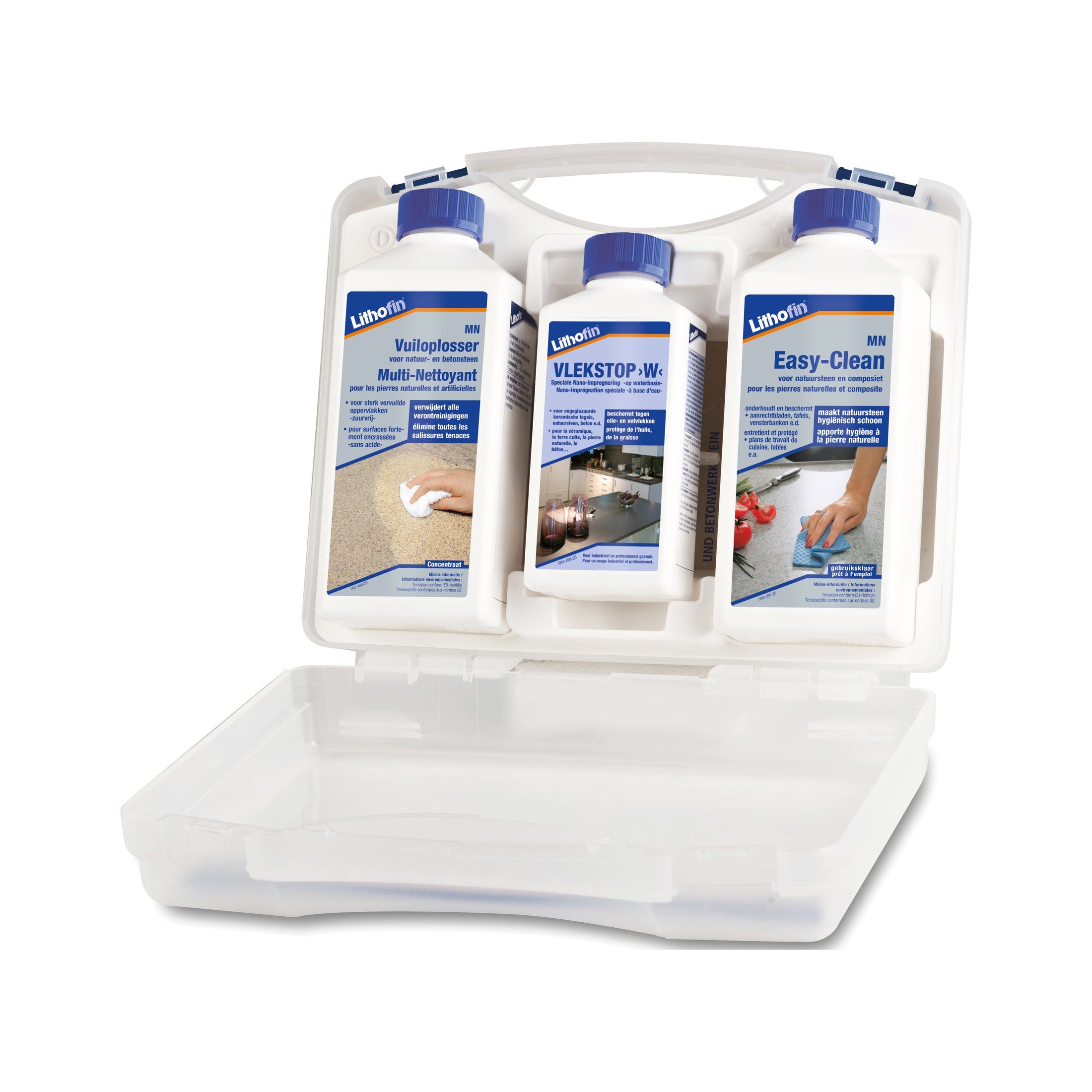 Lithofin Carekit LE onderhoudskoffer voor graniet en natuursteen met MN Vuiloplosser, Vlekstop-W impregneer en MN Easy-Clean