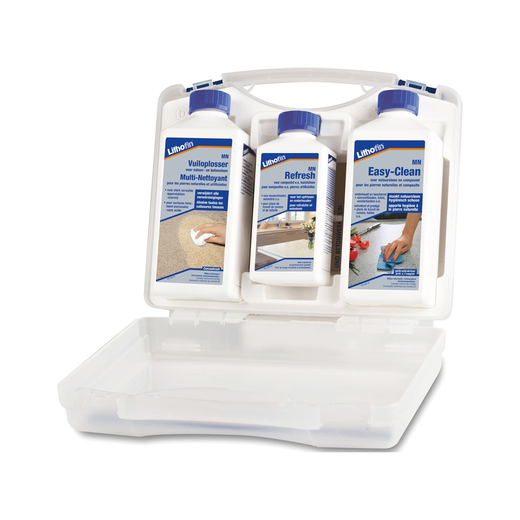 Lithofin Composiet Complete onderhoudsset in koffer met MN Vuiloplosser, MN Refresh en MN Easy-Clean voor composiet en kwartscomposiet