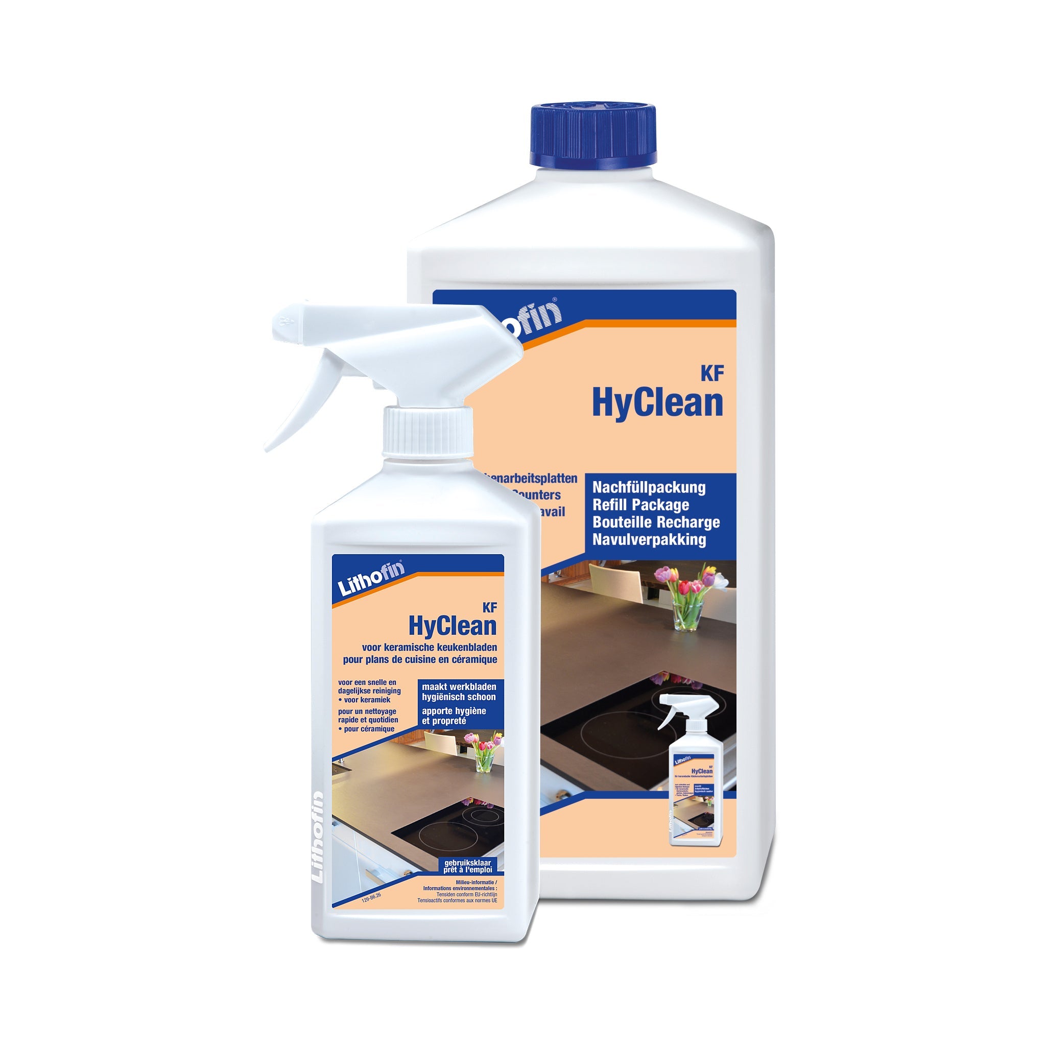Lithofin KF HyClean hygiënische reiniger voor keramiek en tegels, verkrijgbaar als spray 500 ml en navulling 1 liter