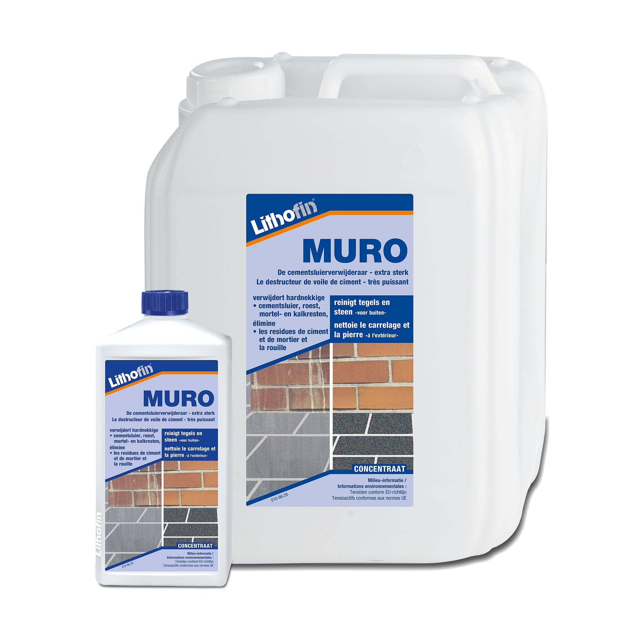 Lithofin MURO cementsluierverwijderaar voor gevels, tegels en natuursteen buiten, verkrijgbaar in 1 liter en 5 liter
