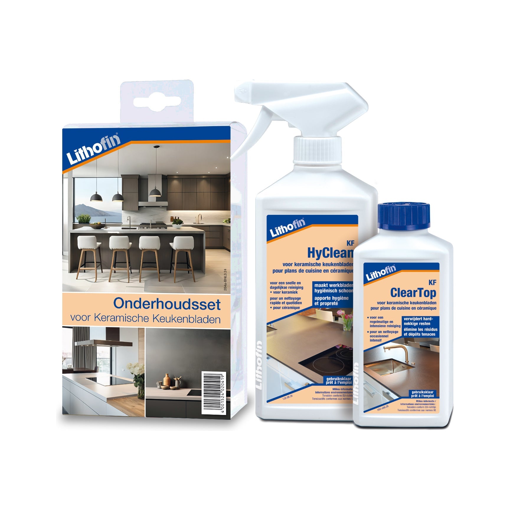 Lithofin onderhoudsset voor keramische keukenbladen met KF HyClean reiniger en KF ClearTop beschermer voor keramiek werkbladen