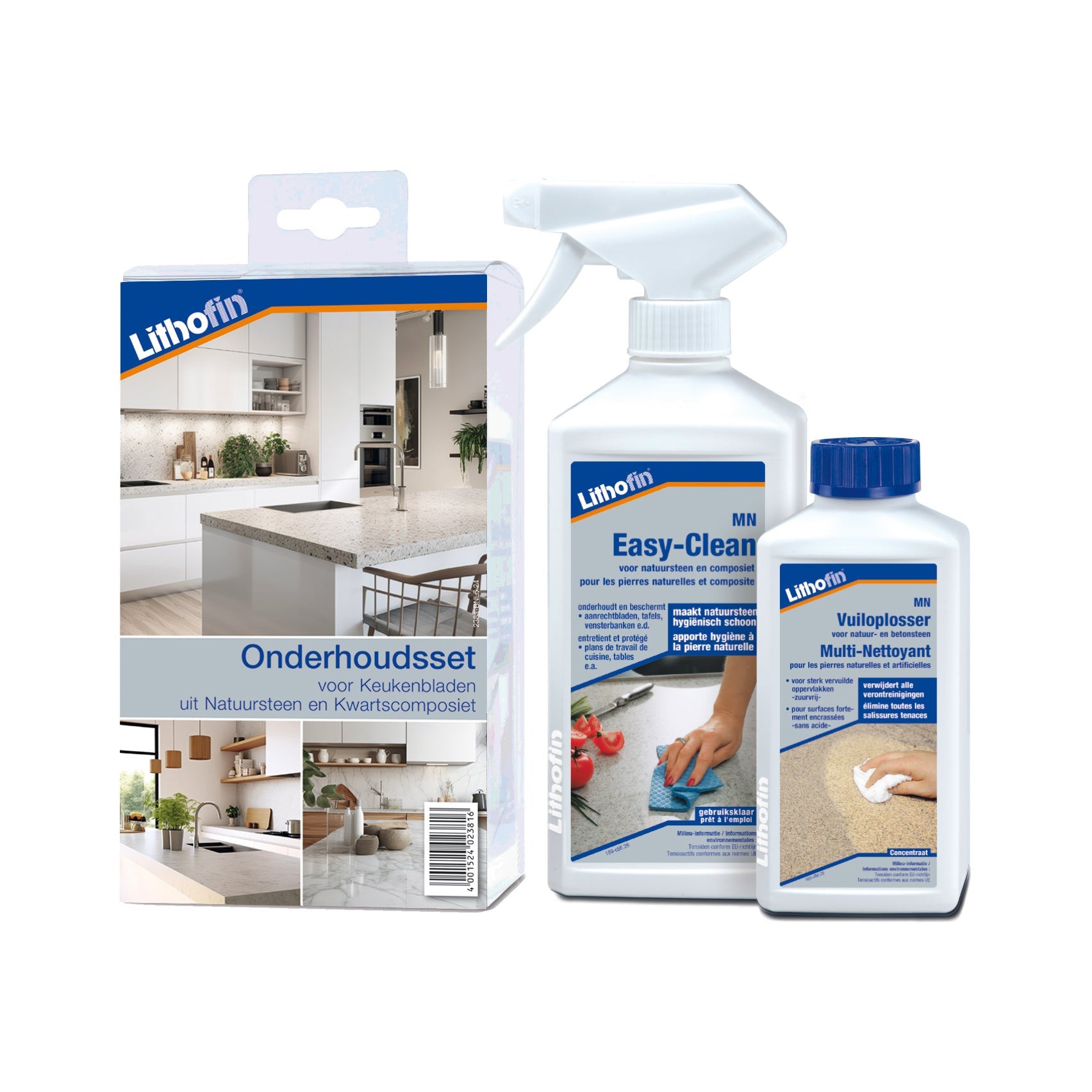 Lithofin onderhoudsset voor keukenbladen van natuursteen en kwartscomposiet met MN Easy-Clean en MN Vuiloplosser