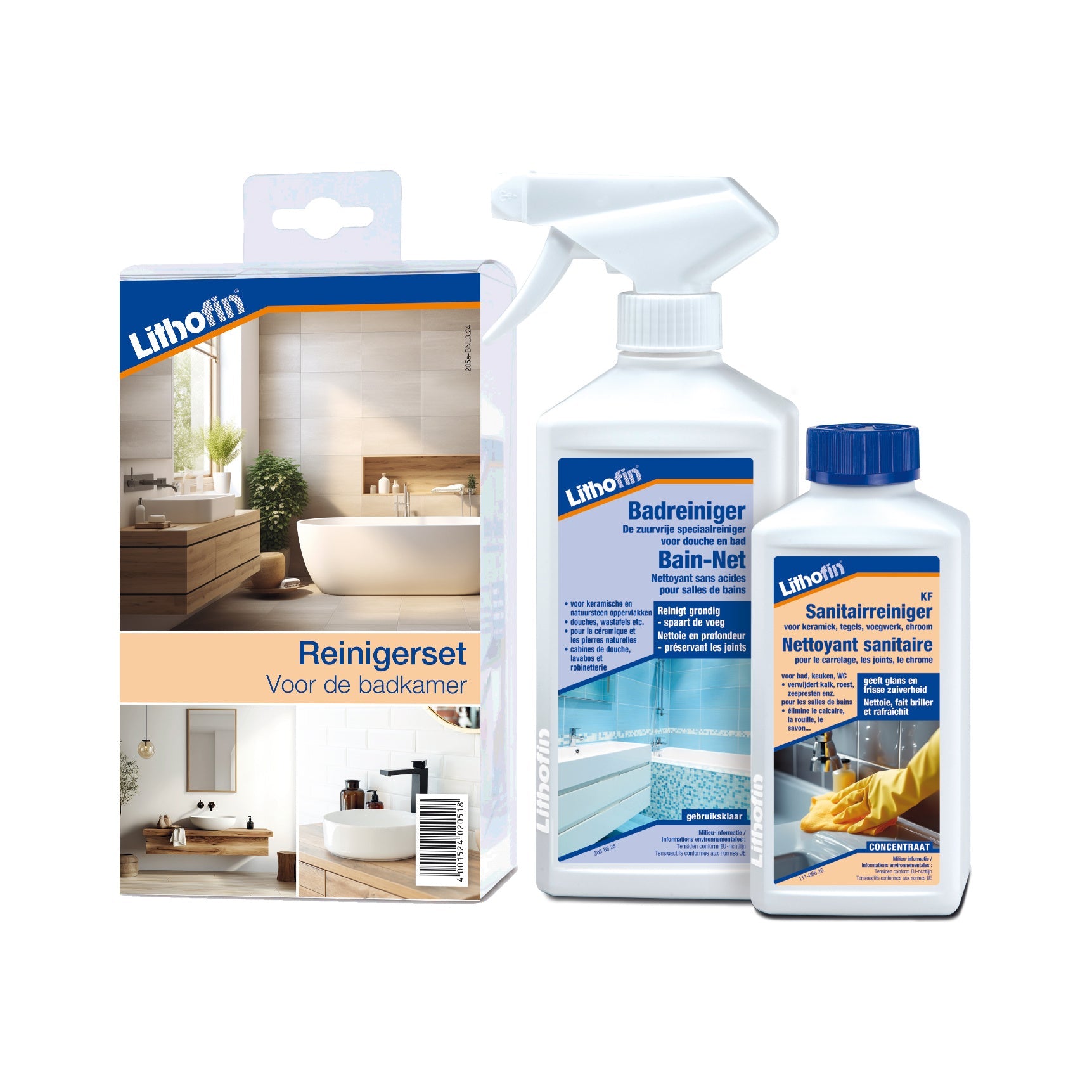 Lithofin reinigerset voor de badkamer met KF Badreiniger en KF Sanitairreiniger voor tegels, voegen, douche en sanitair