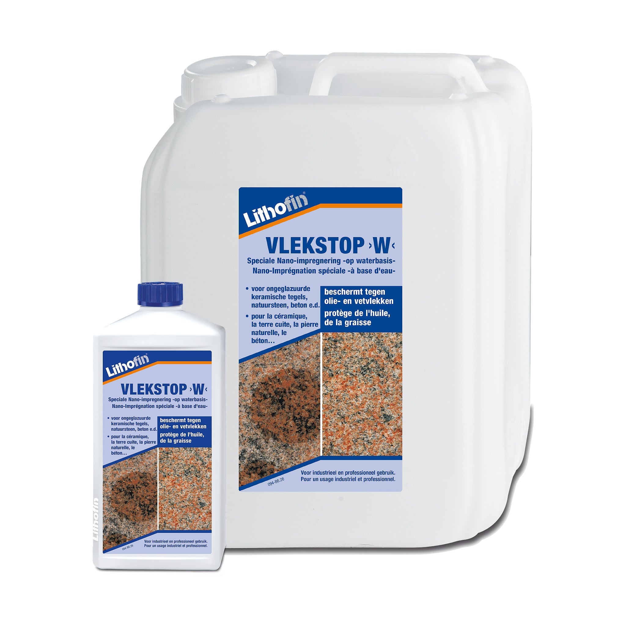 Lithofin Vlekstop W impregneer op waterbasis tegen olie- en vetvlekken voor natuursteen, verkrijgbaar in 250 ml, 500 ml, 1 liter en 5 liter