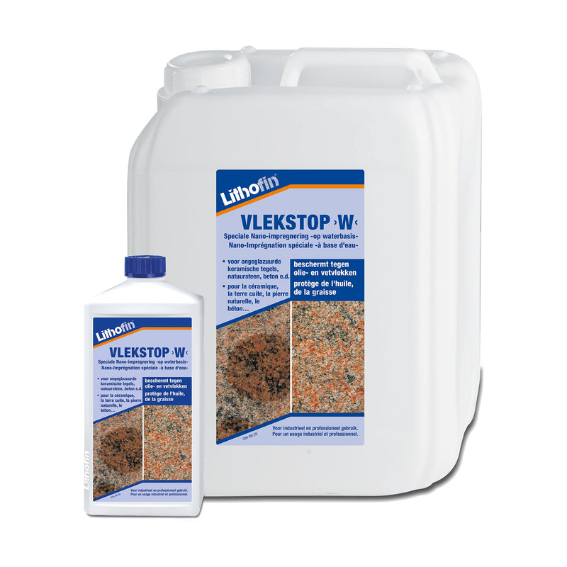 Lithofin Vlekstop W impregneer op waterbasis tegen olie- en vetvlekken voor natuursteen, verkrijgbaar in 250 ml, 500 ml, 1 liter en 5 liter